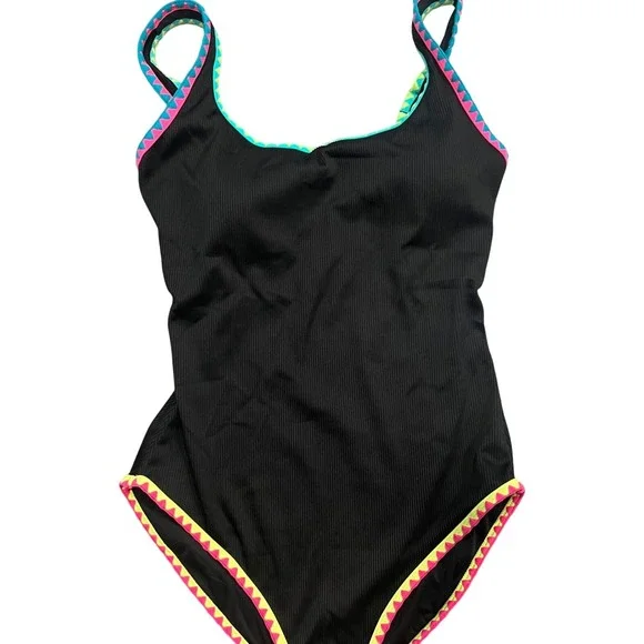 NWT Ribbed One Piece POPVIL Swimsuit Bright Trim Accents Sexy Modern Style - Picture 1 of 4